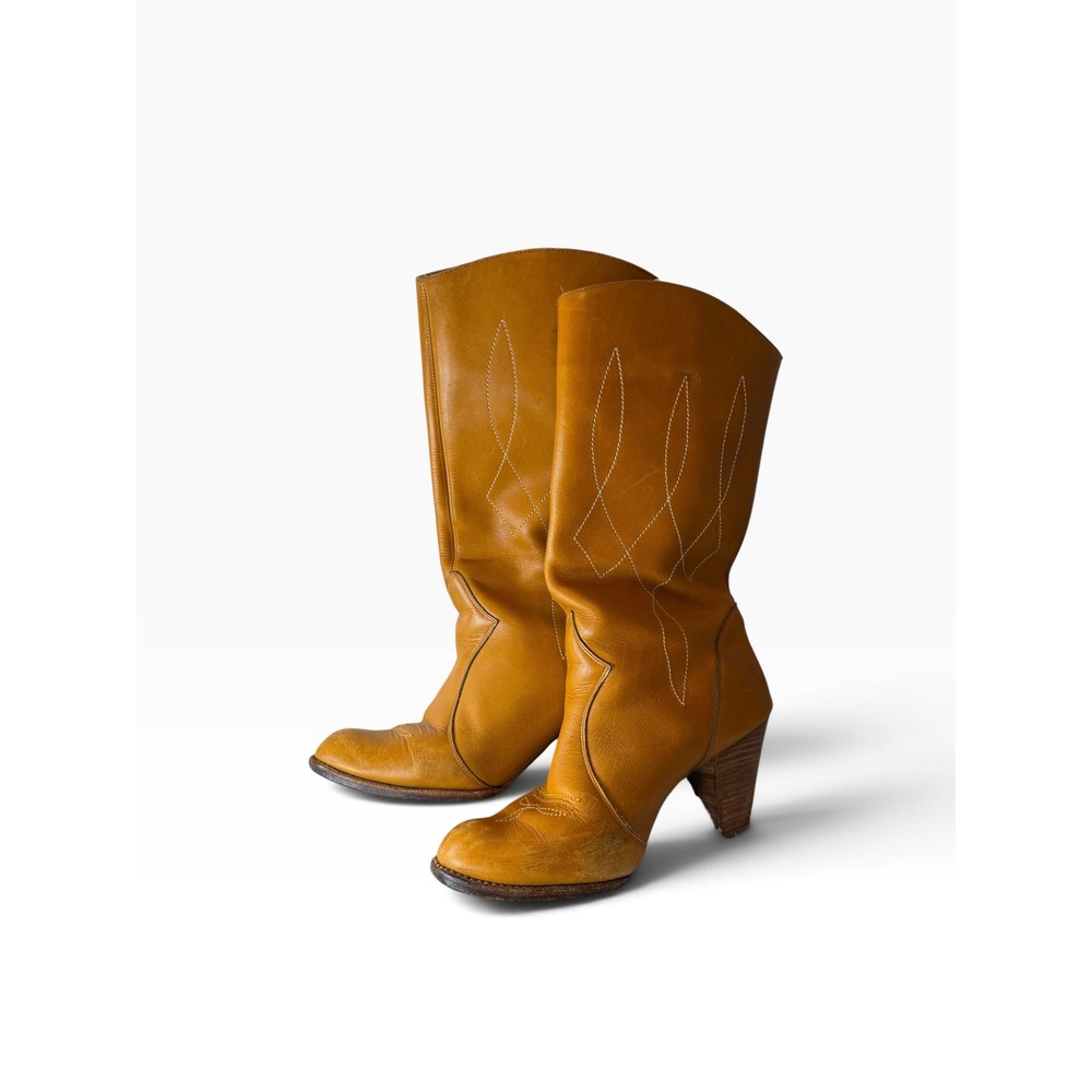Vintage Tan Leather Boho Western Boots Hand Embroidered Distressed Mid Calf